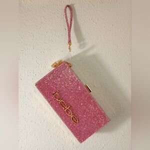 BEBE Glittering Pink Clutch with Gold Details New With Tags